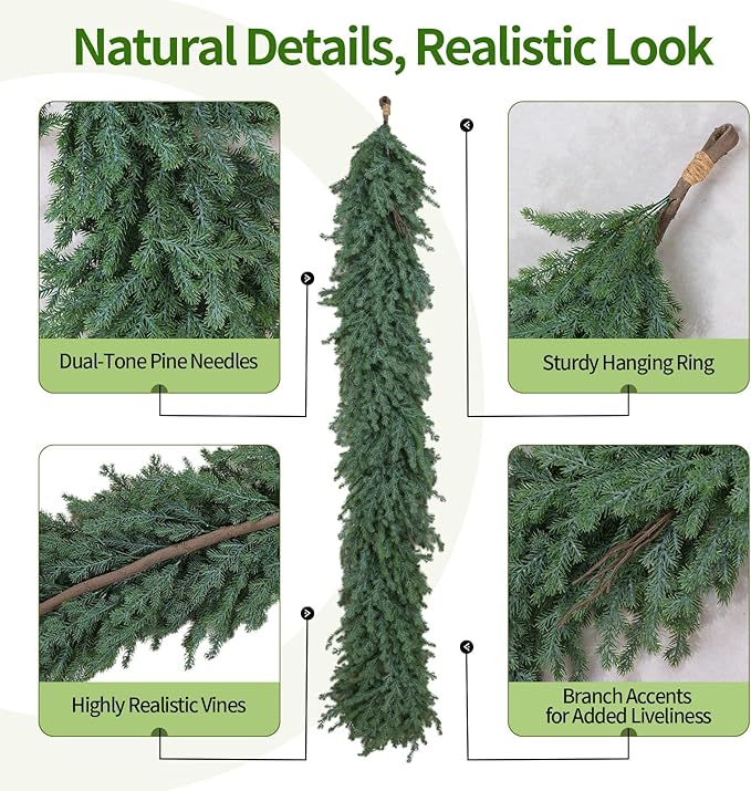 Norfolk Pine Garland – 6FT Artificial Christmas Garland, Greenery Garland for Winter Holiday Decorations, Indoor Outdoor Use on Mantel, Table, Wall or Door