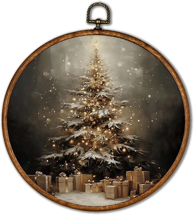 KSDUT Vintage Christmas Wall Decor Art - Vintage Christmas Tree Wall Art Canvas Frame Hanging Prints, Merry Xmas Holiday Round Wall Art Decor for Home Farmhouse Decorations 10"x10"