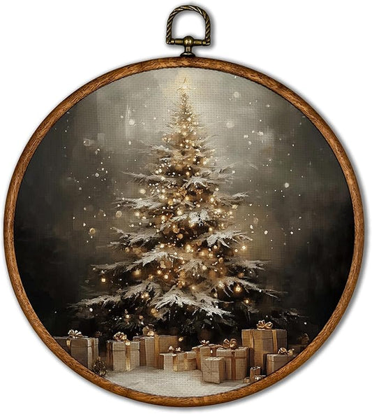 KSDUT Vintage Christmas Wall Decor Art - Vintage Christmas Tree Wall Art Canvas Frame Hanging Prints, Merry Xmas Holiday Round Wall Art Decor for Home Farmhouse Decorations 10"x10"