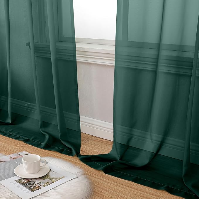 Aiyufeng Hunter Green Sheer Curtain Drapes 96 Inch Length 2 Panels for Living Room, Light Filtering Voile Green Drapes for Bedroom, Patio, Sliding Door, Each 42" W x 96" L