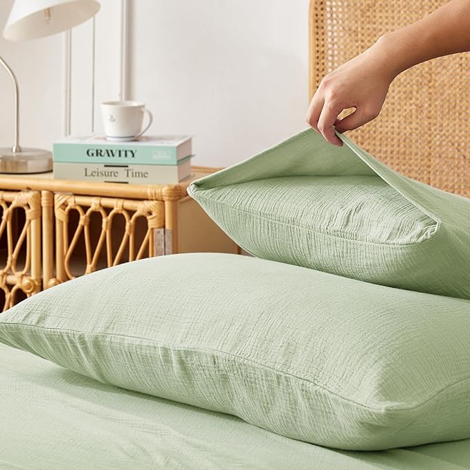 Twin Sheets Set 100% Cotton Bed Sheets Gauze 3 Pcs Sage Green Fall Line Like Sheet Set 16" Deep Pocket Twin Sheet & Pillowcase Sets Boho Muslin Soft All Season Bedding Sets Easy Care