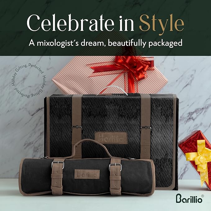Barillio Bartender Kit Bag with Cocktail Shaker Set - Waxed Canvas, Traveling Bar Tools Bag with 17-Pc Cocktail Kit - Travel Mixology Bartending Kits - Mobile Bar Roll with Strap & Accessories