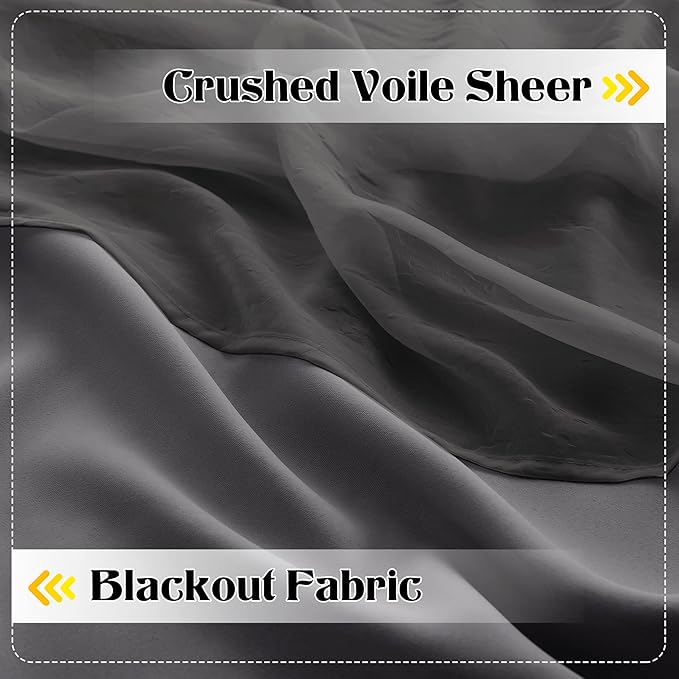 NICETOWN 84 inches Long Grommet Top Mix and Match Curtain Set, Crushed Sheer & Thermal Insulated Blackout Drapes with Tiebacks for Living Room, 52 Wide, Grey, 2 Layers Per Panel, Sold as 2 Panels