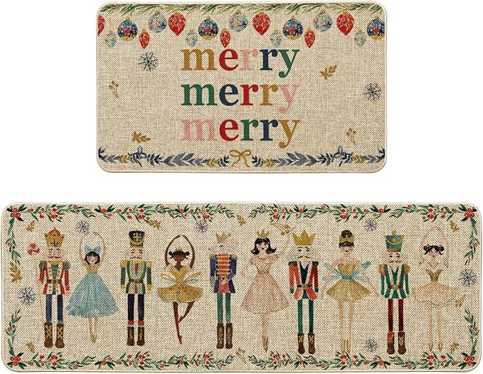 Artoid Mode Watercolor Nutcrackers Merry Christmas Decorative Kitchen Mats Set of 2, Home Party Low-Profile Kitchen Rugs - 17x29 and 17x47 Inch