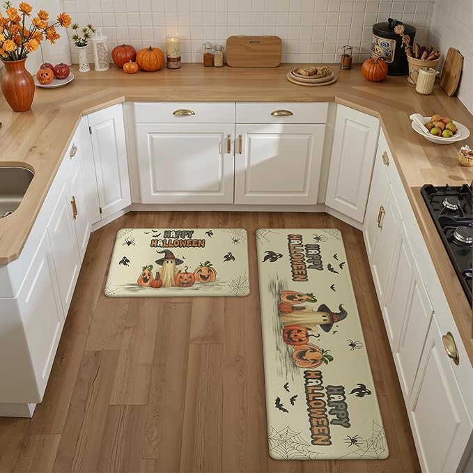 GENIMO Halloween Decorations - Kitchen Mats for Floor, 2PCS Kitchen Rugs, Cushioned Anti Fatigue Mat for Home Decor, Waterproof Non-Slip Comfort Standing Mat for Laundry, 17.3"x59"+17.3"x30", Beige