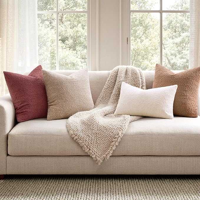 Woaboy Pack of 2 20x20 Inch Decorative Boucle Throw Pillow Covers Textured Square Pillowcaes Accent Solid Cozy Soft Cushion Covers Home Decor for Sofa Couch Living Room Home Decor,Burgundy