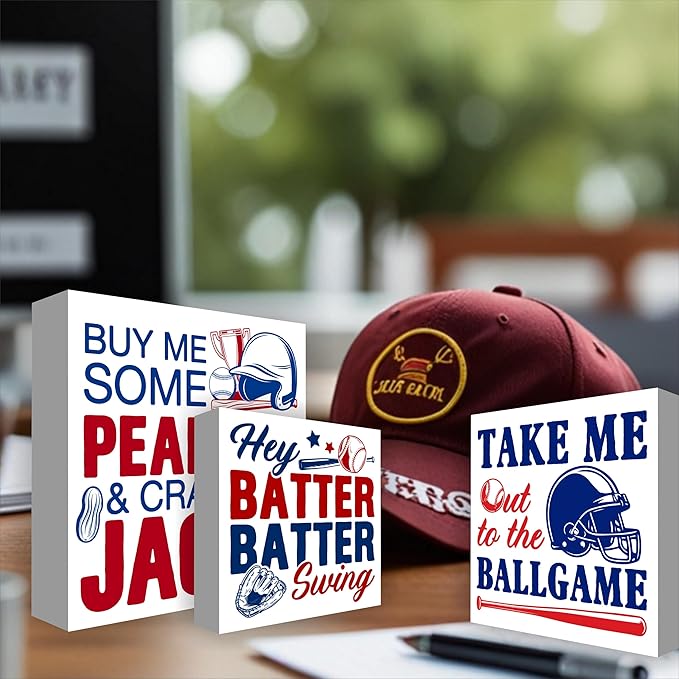 3 Pcs Baseball Decor for Home Baseball Sports Tiered Tray Decorative Wood Box Signs Rustic Table Desk Shelf Decoration for Bedroom Boys Room Party