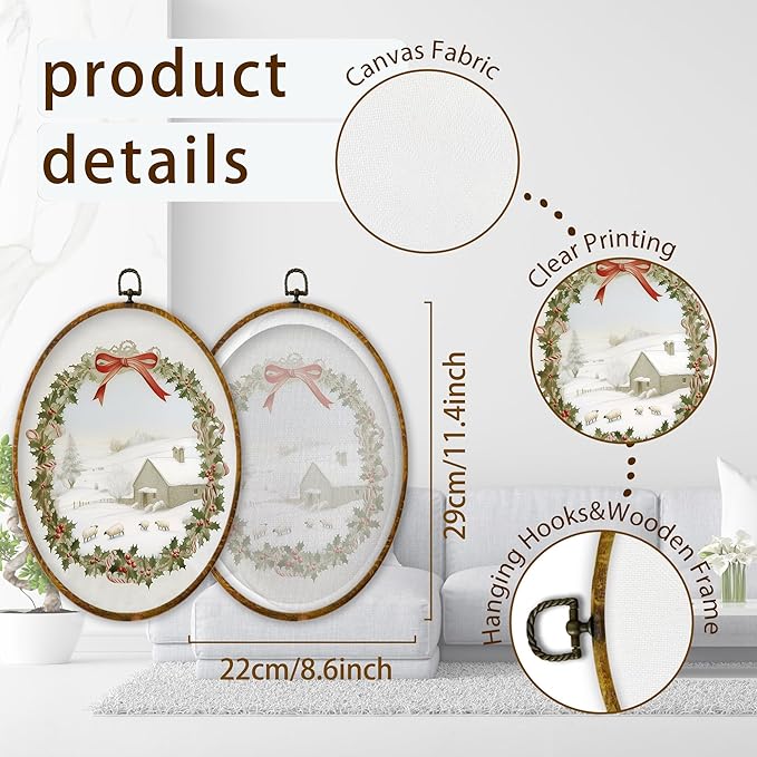 XPH Rustic Christmas Lamb Oval Wall Art Framed, Rustic Winter Landscape Oval Wall Decor, Farmhouse Cozy Winter Wreath Hanging Canvas Prints for Home Bedroom Living Room Decoration, 8.6x11.4 Inch