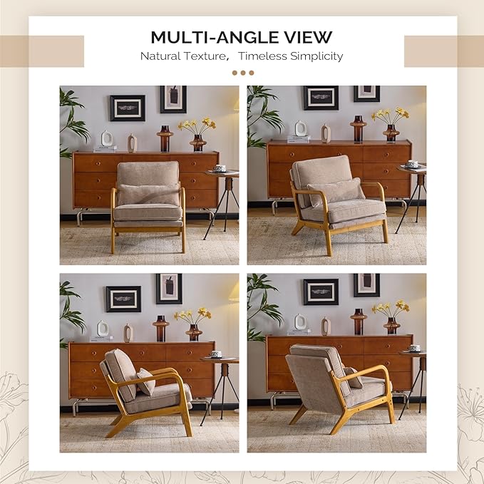 VINGLI Chenille Mid-Century Modern Accent Chair Set of 2, Cute Reading Arm Chair with Cushion & Lumbar Pillow & Solid Wood Frame for Lounge, Living Room, Reading Room, Bedroom, Light Khaki