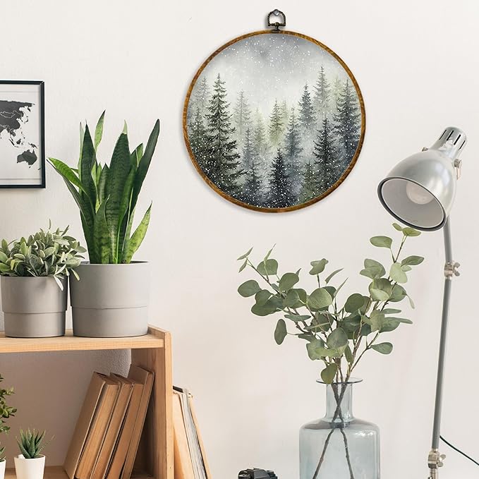 XPH Rustic Christmas Forest Tree Round Wall Art Framed, Farmhouse Winter Pine Tree Landscape Circle Wall Decor, Cozy Winter Hanging Canvas Prints for Home Bedroom Living Room Decoration, 10x10 Inch