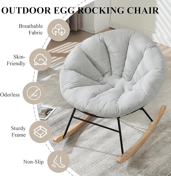 NIOIIKIT Nursery Saucer Rocking Chair, Corduroy Upholstered Round Glider Chair, Nursing Chair with Comfy Cushion, Tufted Papasan Chair, Cozy Reading Chair for Living Room, Bedroom (Beige)