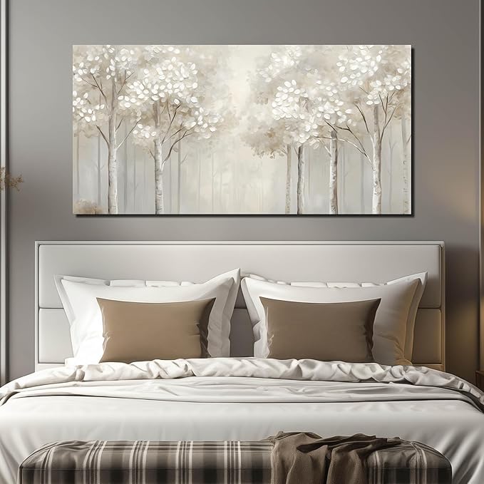 ANCXWOTER Large Forest Wall Art for Living Room White Misty Birch Tree Picture for Bedroom Office Modern Landscapes Canvas Prints Ready to Hang 29x58 Inch