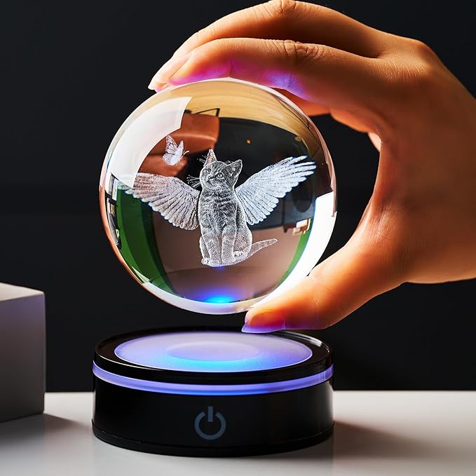 3D Crystal Cat and Butterfly Figurines Ball with Colorful Light Base, Meaningful Gifts for Women Men,Birthday Gifts for Cat Lover, Animal Collection for Home Decor