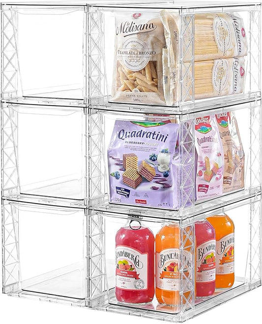 6Pack Stackable Kitchen Storage Organizer, Pantry Organizers and Storage, Clear Foods Organizer Bins with Handles, Easily Assemble for Bathroom, Kitchen, Pantry, Cabinet, Closet