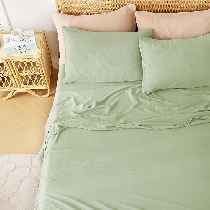 Twin Sheets Set 100% Cotton Bed Sheets Gauze 3 Pcs Sage Green Fall Line Like Sheet Set 16" Deep Pocket Twin Sheet & Pillowcase Sets Boho Muslin Soft All Season Bedding Sets Easy Care