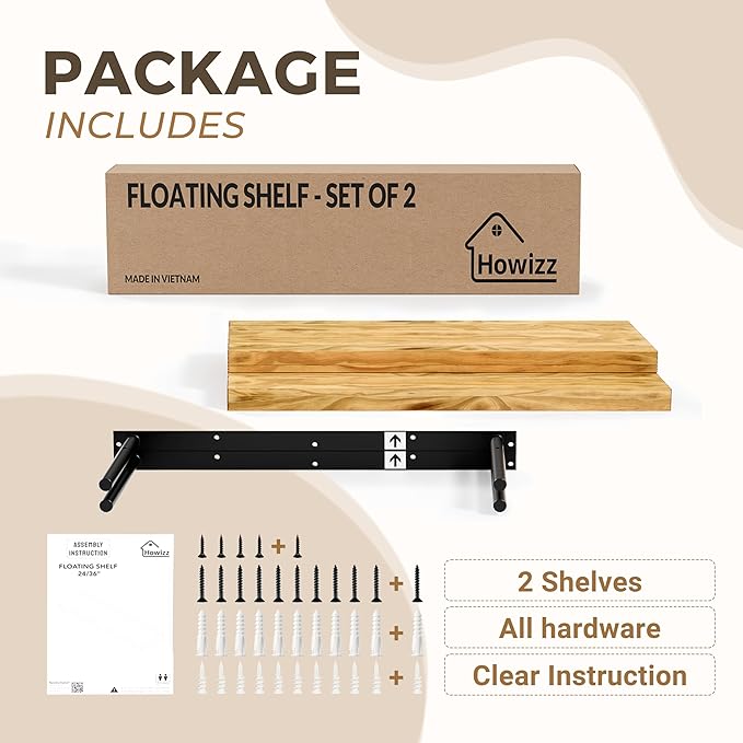 24'' Pine Wood Floating Shelves for Wall- Set of 2 - Rustic Wall Mounted Wooden Shelf for Stylish Home Dรฉcor (Light Walnut, 24x6.5x1.25), 2pcs