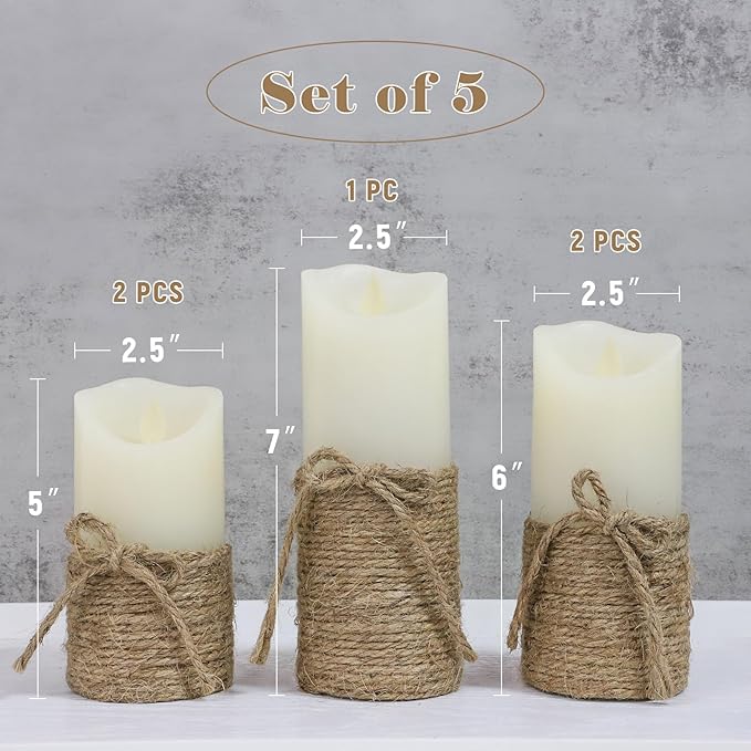 Crystal Club Flameless Candles Flickering with Timer, Set of 5 Battery Pillar Candles with Hemp Rope, Realistic Wax Candle Lights for Summer Party Home Table Décor
