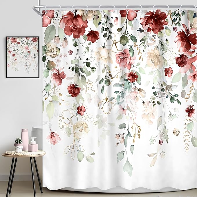 Red Floral Shower Curtain 72Wx72L Inch Burgundy Flower Rustic Watercolor Plant Green Eucalyptus Leaf Wildflower Botanical Bathroom Set Spring Pretty Bath Curtain Bathtub Accessories Home Decor