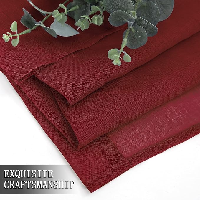 Tollpiz Sheer Curtains Linen Textured Living Room Curtain Sheers Light Filtering Rod Pocket Voile Curtains for Bedroom, 42 x 63 inches Long, Burgundy Red, Set of 2 Panels