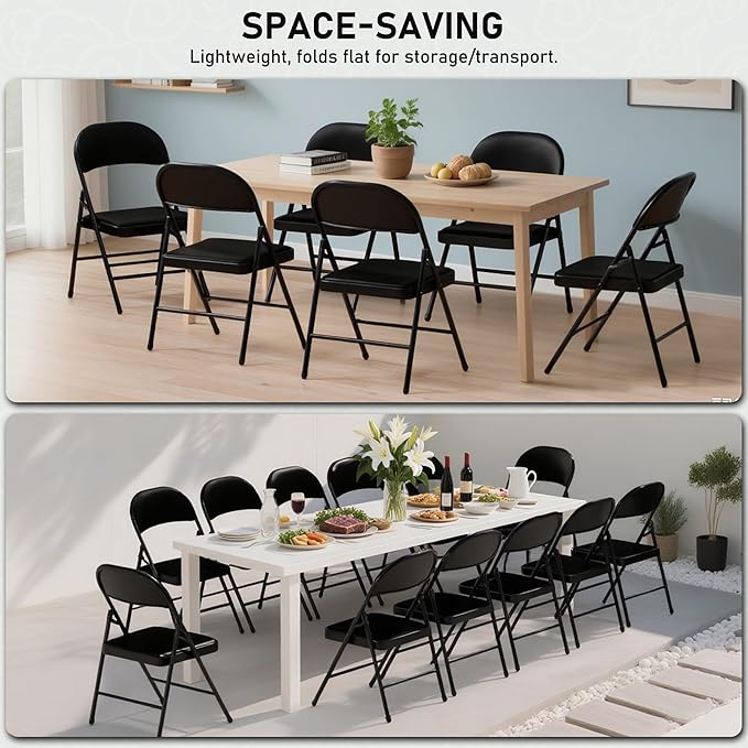 SEALAMB 6 Pack Black Folding Chairs with Padded Seats & Cushion, Durable Metal Foldable Chairs for Wedding Party, Commercial Chairs for Office School Church Events, 330lb Capacity (Black-PU, 6 Pack)