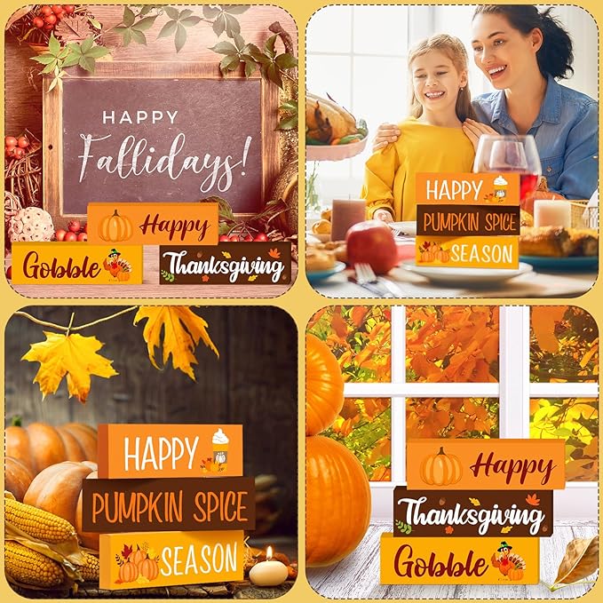3 Pcs Thanksgiving Wooden Tabletop Signs Pumpkin Tiered Tray Decor Fall Double Side Centerpiece Rustic Wooden Block for Home Autumn Table Mantel Harvest Shelf Decor