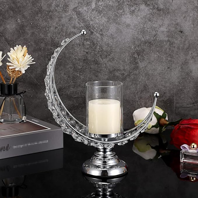 OwnMy Set of 2 Silver Moon Shaped Crystal Pillar Candle Holders Tealight Holders with Glass Covers, Metal Crystal Moon Pillar Candle Stands Votive Candlesticks Candle Lamps for Table Centerpieces