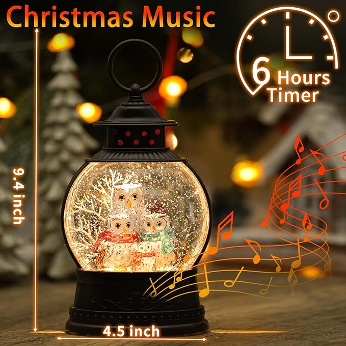 Christmas Owl Family Snow Globe Musical Snow Globes Light up Swirling Glitter Snow Globe Lantern with Timer, Owl Collectible Figurines Lighted Christmas Home Decor USB Powered & Battery Operated