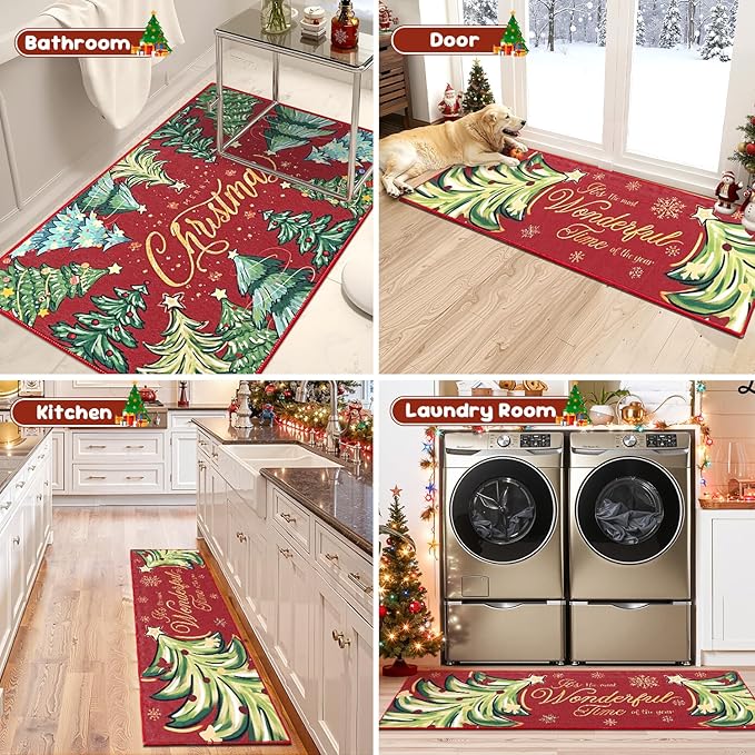 Yamaziot Christmas Kitchen Rugs Sets of 3, Non Slip Kitchen Mats for Floor with Rubber Backing, Holiday Christmas Trees Snowflake Runner Rug Decor Home Decorations for Kitchen, Laundry Room, Hallway