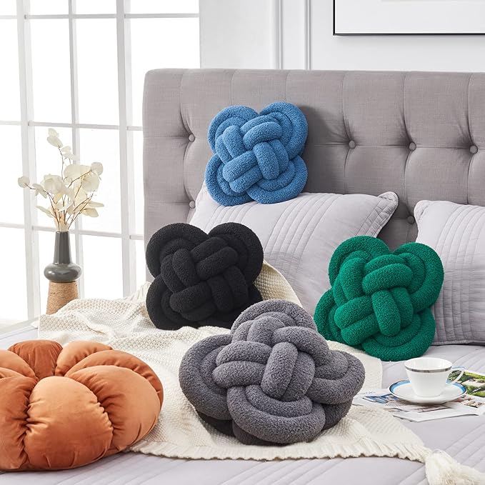 Xiashrk Knot Pillow Ball, 12" Soft Decorative Throw Pillows for Couch Bed, Dark Gray Knotted Plush Throw Pillow Handmade Square Cushion Home Couch Decor Pillows for Living Room