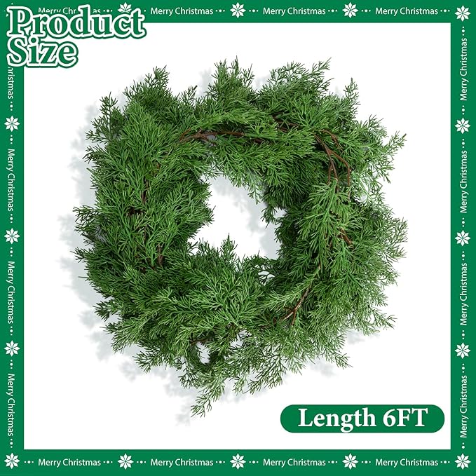 6 Ft Christmas Norfolk Pine Garland, Dense Pines Realistic Touch Garland Ornaments, Greenery Artificial Pine Cypress Garlands for Christmas Holiday Mantle Fireplace Table Home Decor