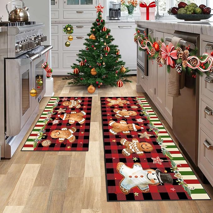 Christmas Kitchen Rugs Non-Slip Holiday Floor Mats 2 Piece Set Gingerbread Man Vintage Decor Soft Absorbent Mats for Front of Sink 17x30 and 17x47 Inches