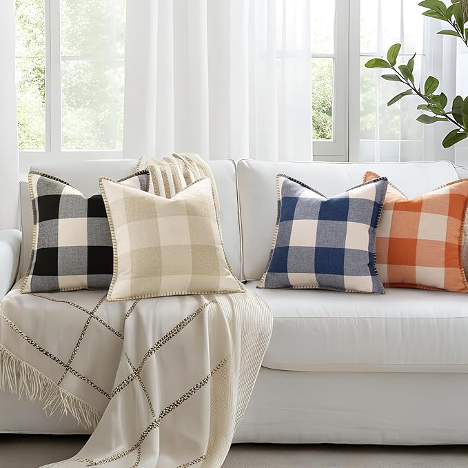 decorUhome Buffalo Plaid Check Throw Pillow Covers 24x24 Set of 2, Outdoor Linen Decorative Farmhouse Gingham Pillow Covers with Stitched Edge for Bed Couch Sofa, Navy Blue and White