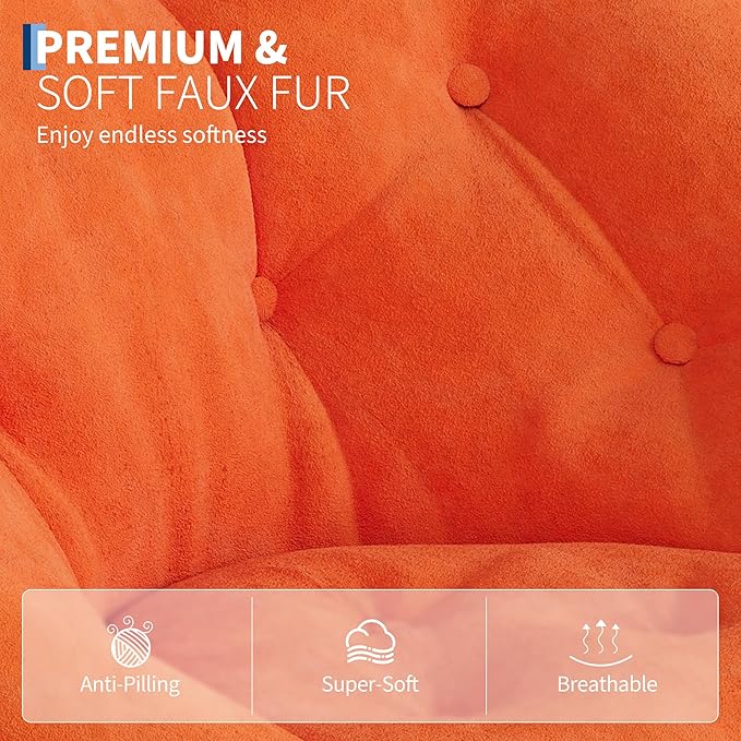 Saucer Chair, Oversized Faux Fur Lounge Chair with Gold Metal Frame for Adults, Foldable Comfy Seat for Bedroom, Dorm & Living Room, (Orange)