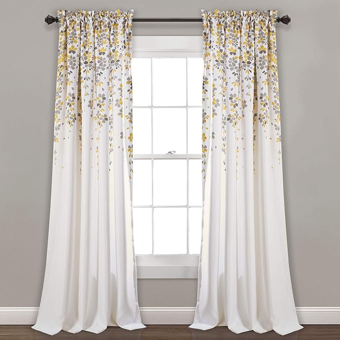 Lush Decor Weeping Flower Light Filtering Window Curtain Panels, Pair, 52"W x 84"L + 2" Header, Yellow & Gray - Charming Modern Floral Curtains for Living Room, Dining Room, & Bedroom