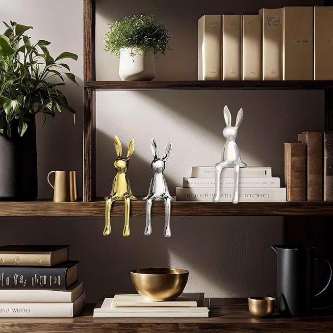 3-Piece Rabbit Decor Sculptures - Home, Office, Living Room, Bedroom - Accents, Decorations, Figurines - Small Statues for Bookshelf, Desk - Ideal Gifts (Gold, Silver, White)