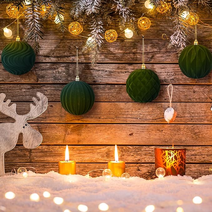 4 Pcs 4 Inch Large Velvet Christmas Ball Ornaments Vintage Christmas Plastic Ball Ornaments Flocked Tree Hanging Decoration for Xmas Party Wedding Home Decor(Green)