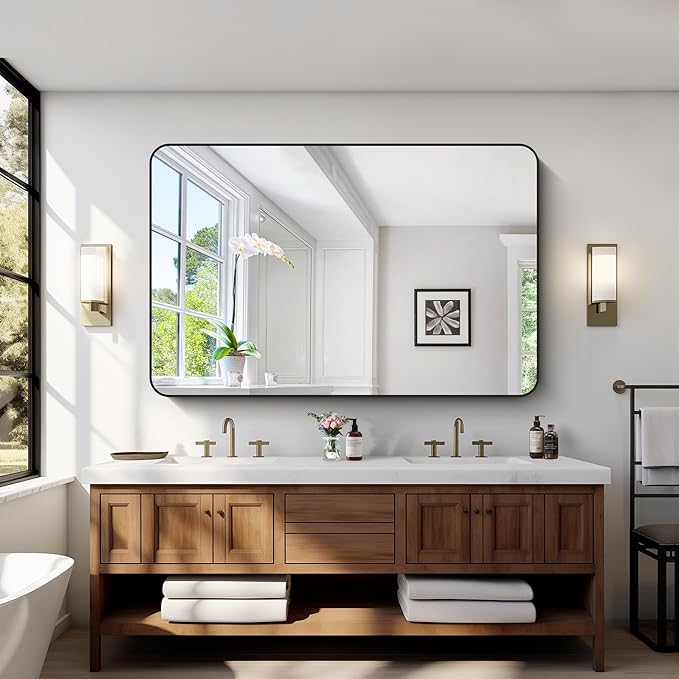 Bathroom Mirror, 55 x 36 inch Black Rectangle Wall Mirror, Metal Frame Rounded Corner Vanity Mirror, Large Wall Mounted Mirrors for Over Sink Bedroom Living Room Horizontal Or Vertical Mounting