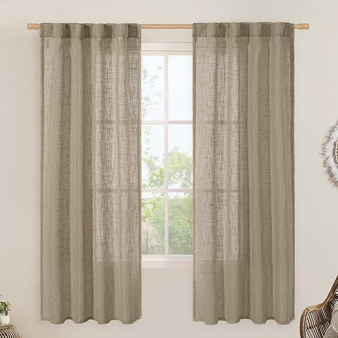 LAMIT Taupe Linen Curtains for Bedroom, 72 Inch Length Light Filtering Semi Sheer Panels Back Tab and Rod Pocket Neutral Drapes for Living Room, 2 Panels, 34 x 72 Inch
