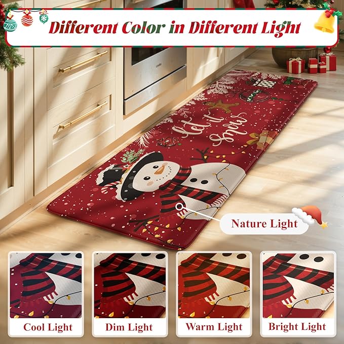 Christmas Snowman Anti Fatigue Mats for Kitchen Floor, Red Winter Xmas Tree Cushioned Kitchen Rugs Sets of 2, Waterproof Non Slip Sink Rug Comfort Standing Mat for Holiday Decor 17x30+17x47 inch