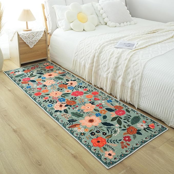 Rugcomf Runner Rug for Hallways Kitchen Rug Non Slip 2'6''x8' Washable Runner Rugs with Rubber Backing Soft Floral Carpet Runner for Hallways, Kitchen, Laundry, Bedroom, Bathroom(Green)