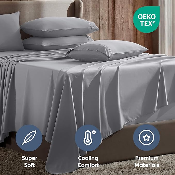 Nestl Extra Deep Full Sheet Set - 6 Piece Breathable & Cooling Sheets - Hotel Luxury Bedding Set w/18-24 Inch Deep Pockets - Easy & Secure Fit - Super Soft, Wrinkle Free & Comfy - Grey