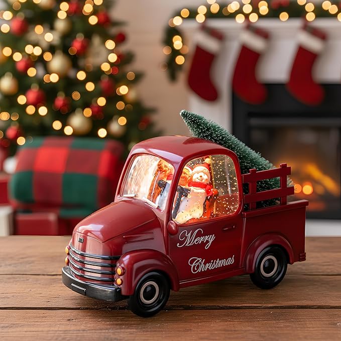 Xindian Musical Red Truck Snow Globe with Swirling Glitter, Snowman & Dog, Carrying Christmas Tree, Spinning Water Lantern for Christmas Decor