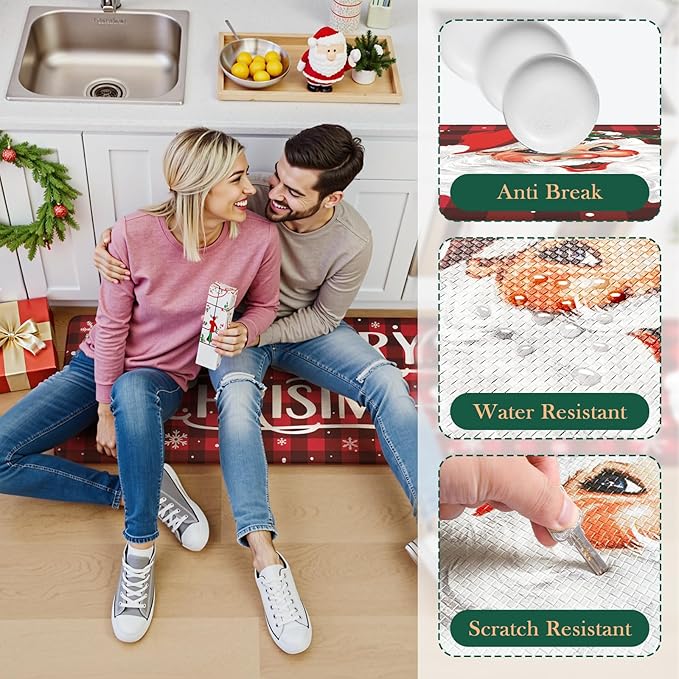 Christmas Kitchen Mats Cushioned Anti Fatigue, Santa Claus Farmhouse Kitchen Floor Mat Non Slip Kitchen Rugs Sets of 2, Buffalo Plaid Kitchen Sink Mats for Home Decor(Red & Black)