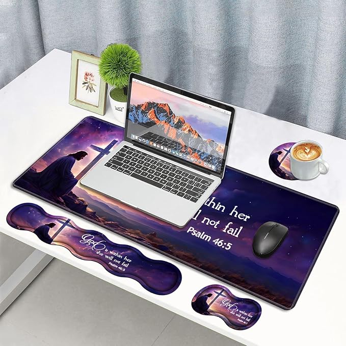 Ergonomic Memory Foam Mouse Pad Wrist Rest Set, Large Gaming Desk Pad + Keyboard Wrist Rest + Mouse Wrist Cushion + Coaster for Home Office Study Gaming, Christian Cross Quote Bible Verse Psalm 46:5