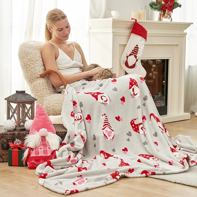 Cozy Bliss Gnome Love Heart Blanket Gift Ultra Soft Milkyplush™ Throw Blanket Cute gnome Pattern Heart Blankets for her Birthday Gift Blankets(Gnome Love,60"x80")