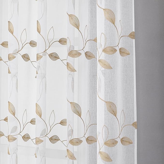 Tollpiz Taupe Leaf Sheer Curtains Leaves Embroidered Living Room Short Curtain Rod Pocket Voile Window Treatments for Bedroom, 54 x 45 inches Long, Set of 2 Panels