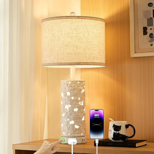 25.5" Modern Ceramic Table Lamp Bedroom Lamp for Bedside, 2 USB & AC Outlet with Night Light White Lamps Farmhouse Night Stand Lamps for Living Room Study Room Office