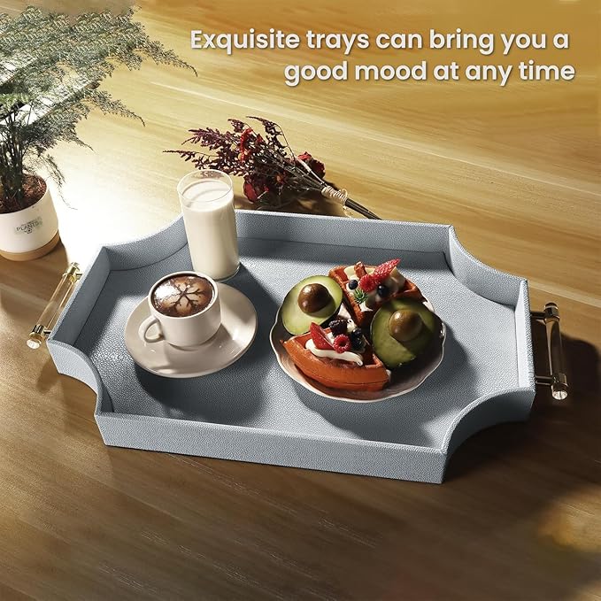 22.6'' × 13'' Coffee Table Tray Shagreen Decorative Tray for Ottoman Home Decor Serving Tray with Acrylic Gold Handles Modern Elegant Scalloped Large Ottoman Tray