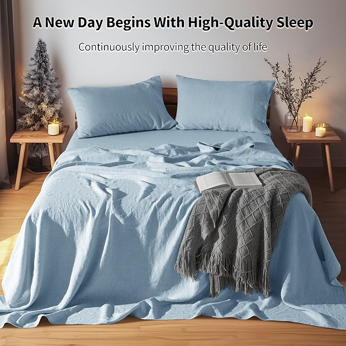 LBRO2M 100% Linen Sheet Set Full Size,Bed Sheets 4 Piece Sets,Solid Color Natural Flax Bed Sheets Soft Breathable Bedding,16" Deep Pocket,All Season (Full, Dusty Blue)