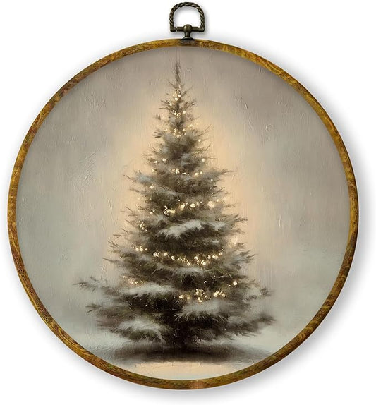 QZQE Vintage Christmas Tree Round Wall Art Decor Framed, Winter Xmas Tree Circle Canvas Prints, Rustic Cozy Winter Cottagecore Circular Wall Hanging Decor for Home Bedroom Living Room, 10x10 Inch